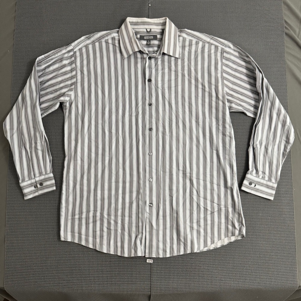 Kenneth Cole Reaction Mens XL 17 34-35 Grey Striped Wrinkle Free Dress Shirt